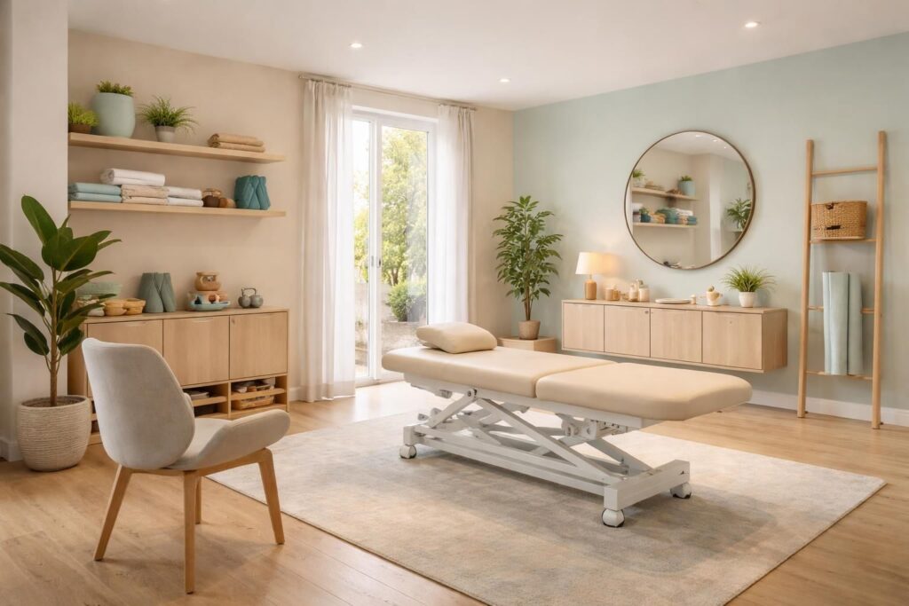 Aménager une salle de kinésithérapie apaisante avec mobilier ergonomique et couleurs Dulux Valentine