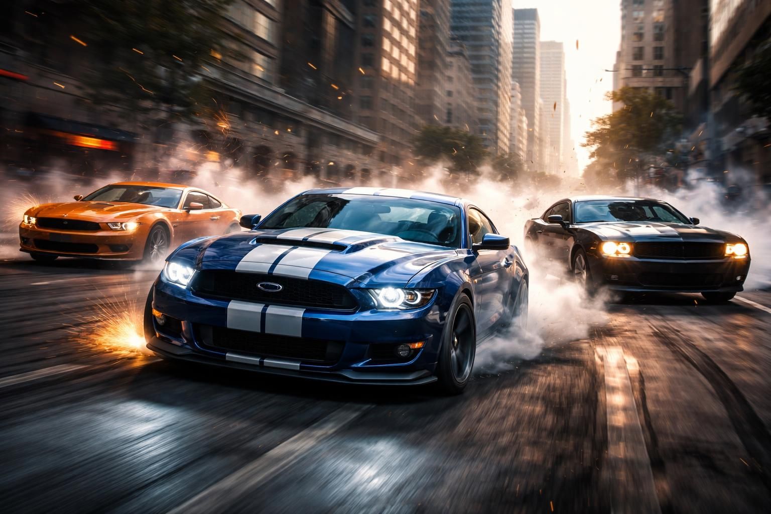 kinescoop capture des cascades automobiles thrilling mettant en vedette la ford mustang, la dodge challenger et la chevrolet camaro, offrant des scènes spectaculaires et des performances époustouflantes.