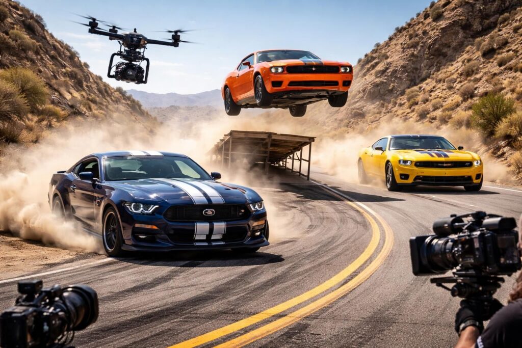 Kinescoop filme les cascades automobiles avec Ford Mustang, Dodge Challenger et Chevrolet Camaro