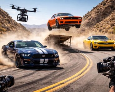 Kinescoop filme les cascades automobiles avec Ford Mustang, Dodge Challenger et Chevrolet Camaro Kinescoop filme les cascades automobiles avec Ford Mustang, Dodge Challenger et Chevrolet Camaro