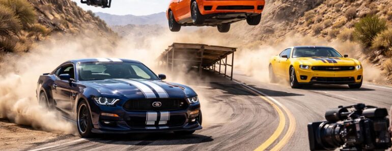 Kinescoop filme les cascades automobiles avec Ford Mustang, Dodge Challenger et Chevrolet Camaro Kinescoop filme les cascades automobiles avec Ford Mustang, Dodge Challenger et Chevrolet Camaro