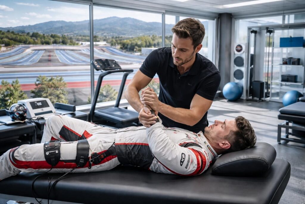 Kinésithérapie sportive pour pilotes automobiles avec rééducation accidents circuit Paul Ricard